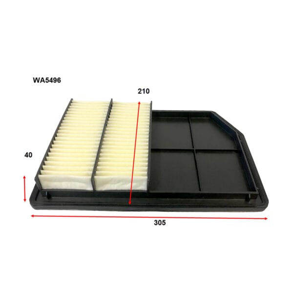 A rectangular air filter with dimensions labeled: height 40, length 305, and width 210. Model number WA5496 is displayed.