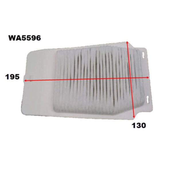 Air filter WA5596 with dimensions marked: 195mm by 130mm.