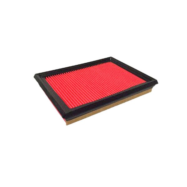 Red and black rectangular air filter with pleated design and rubber frame.