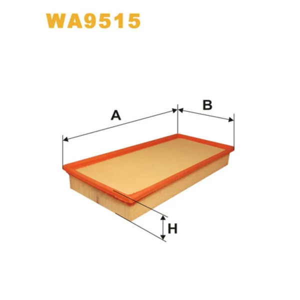 Rectangular filter with orange frame, labeled "WA9515." Dimensions are marked as A, B, and H.