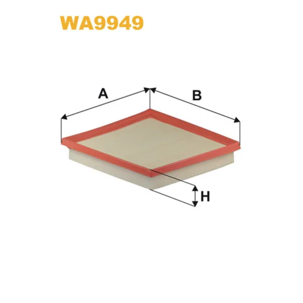 Square air filter labeled WA9949 with red edging and dimensions A, B, and H marked.
