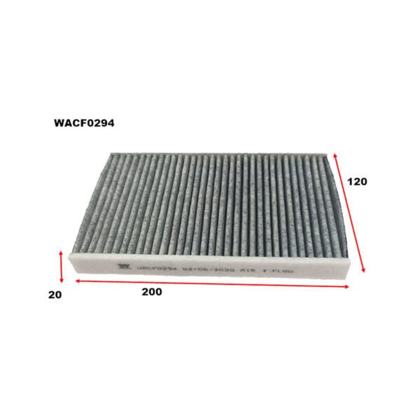 A rectangular air filter labeled "WACF0294" with dimensions: 200mm length, 120mm width, and 20mm height.