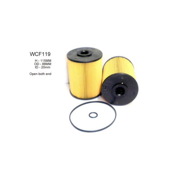 Two cylindrical yellow filters with black ends, labeled WCF119, alongside a rubber O-ring. Text indicates dimensions: Height 115mm, Outer Diameter 88mm, Inner Diameter 20mm.
