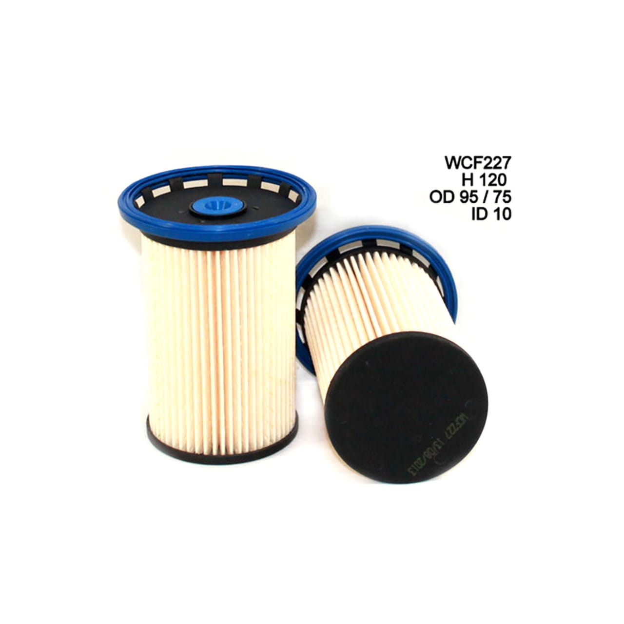Two cylindrical air filters with pleated paper and black caps. Dimensions noted: H 120, OD 95/75, ID 10, model WCF227.