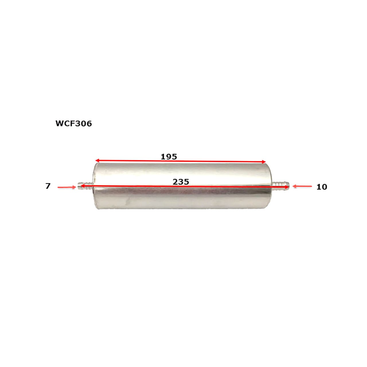 A cylindrical object labeled WCF306 with dimensions: 195 mm length, 235 mm width, 7 mm diameter on one side, and 10 mm diameter on the other side.