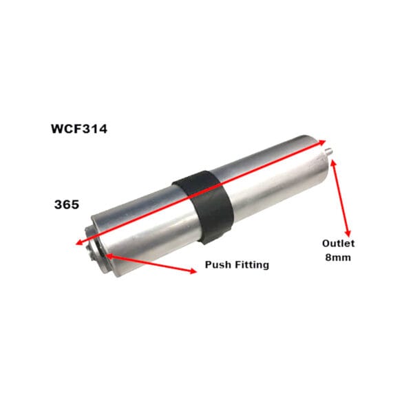 Cylindrical metal object labeled WCF314 with dimensions showing a length of 365mm and an 8mm outlet. Includes a push fitting and black band around its middle.