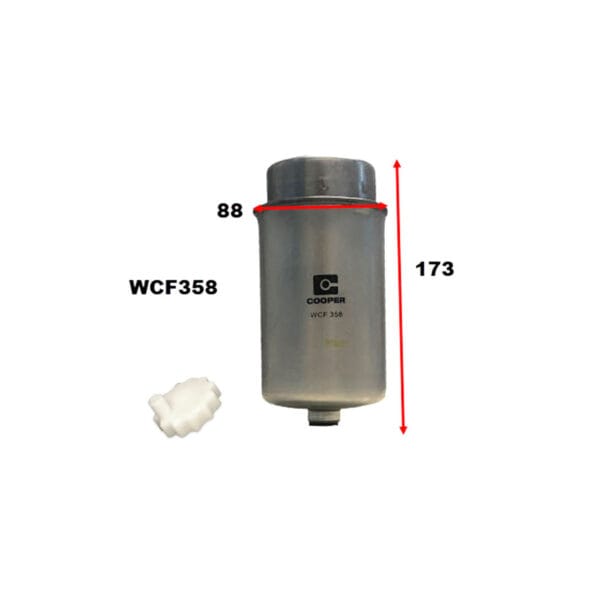 A Cooper WCF358 filter with 88mm diameter and 173mm height. Includes a white, separate component at the bottom left.