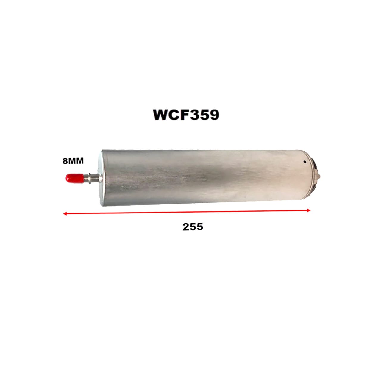 A cylindrical metal object labeled WCF359 with a red end cap. It measures 255 millimeters in length and 8 millimeters in diameter.