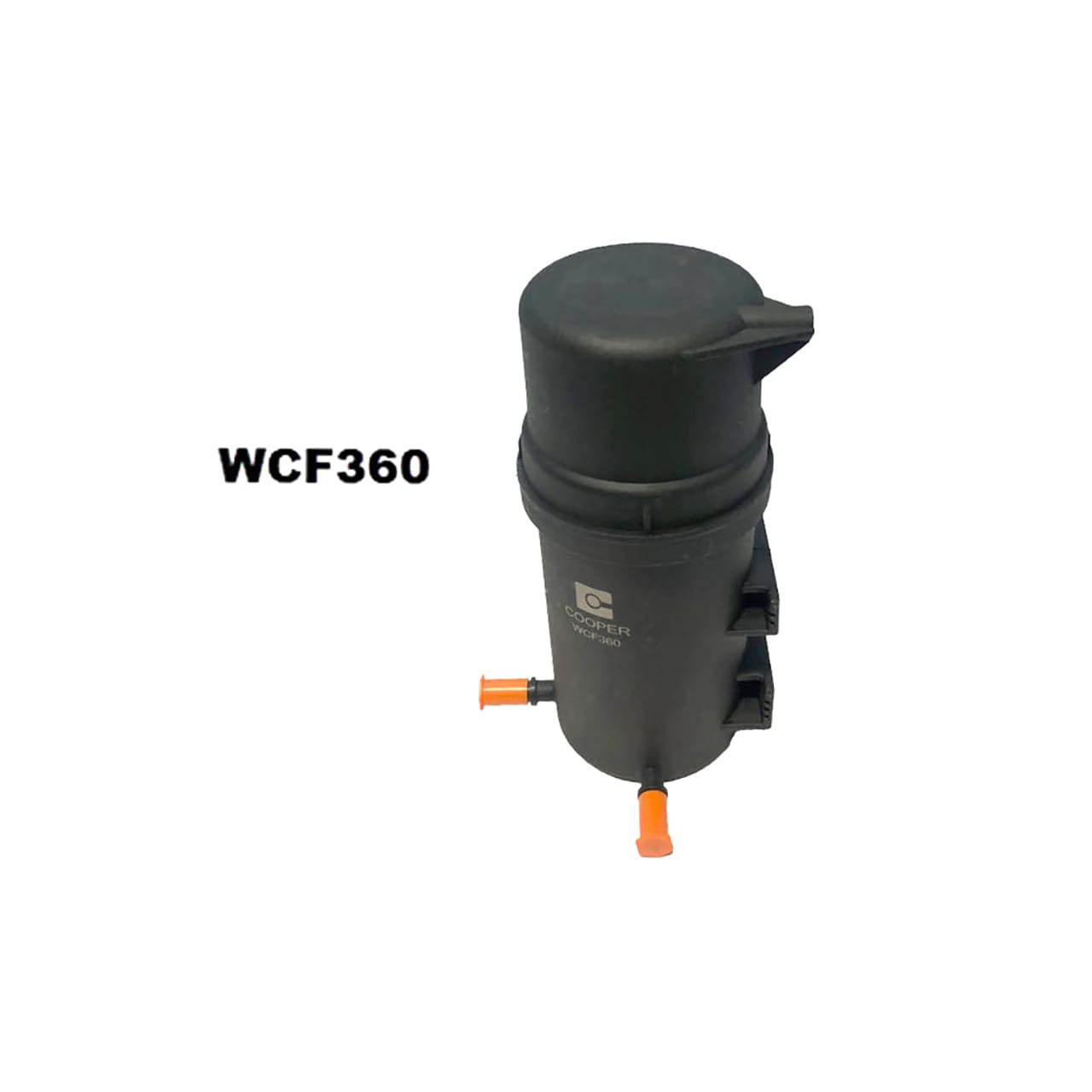 Black cylindrical filter labeled "WCF360" with two orange valves at the bottom.
