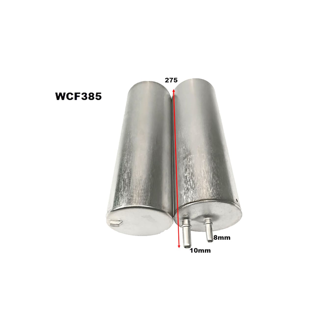 Two cylindrical metal objects labeled WCF385, with dimensions 275mm length, 10mm and 8mm diameter at the base.