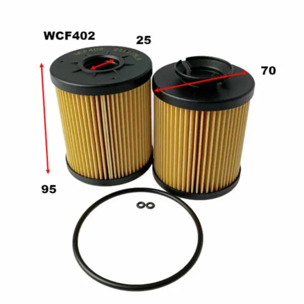 Two cylindrical filters labeled WCF402 with top diameters of 70 and bottom diameters of 25mm, and a height of 95mm. Includes a circular O-ring and two small washers.