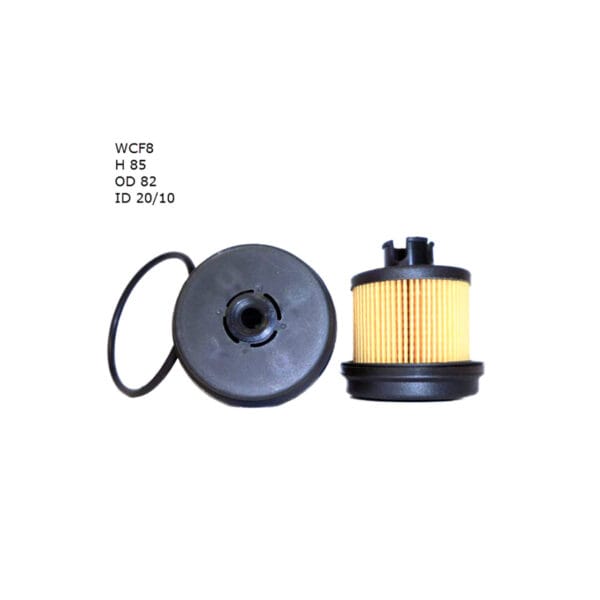 Two black fuel filters, one with a yellow pleated paper filter, accompanied by a black rubber gasket on the left. Text on the left reads: WCF8, H 85, OD 82, ID 20/10.