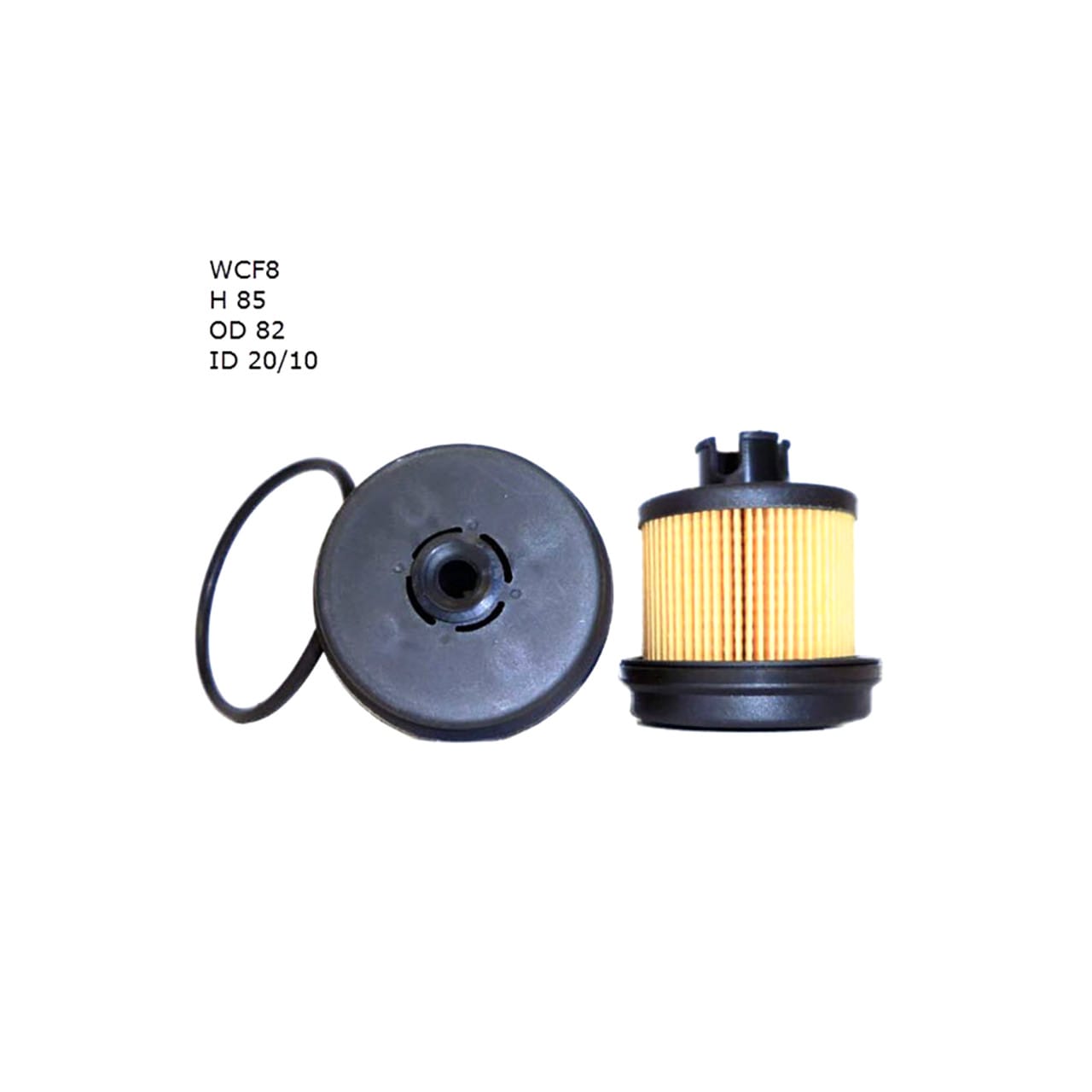 Two black fuel filters, one with a yellow pleated paper filter, accompanied by a black rubber gasket on the left. Text on the left reads: WCF8, H 85, OD 82, ID 20/10.