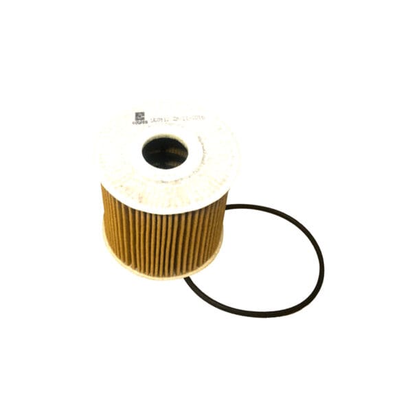 Brown cylindrical paper oil filter with a round rubber gasket lying beside it, isolated on a white background.