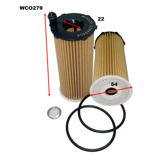 Two cylindrical oil filters labeled WCO279 with attached measurements of 22 and 54. Includes a small metal washer and two rubber O-rings.
