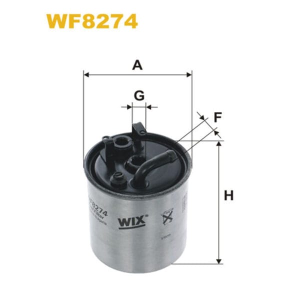 Fuel filter with various dimensions labeled: A, G, F, and H. Model WF8274 by WIX is printed on the filter body.