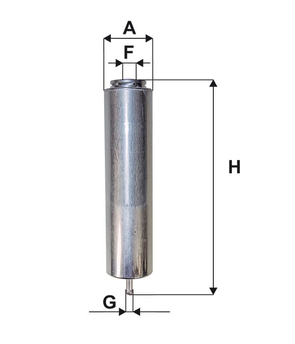 Cylindrical metal object with labeled dimensions: A, F, G, H.