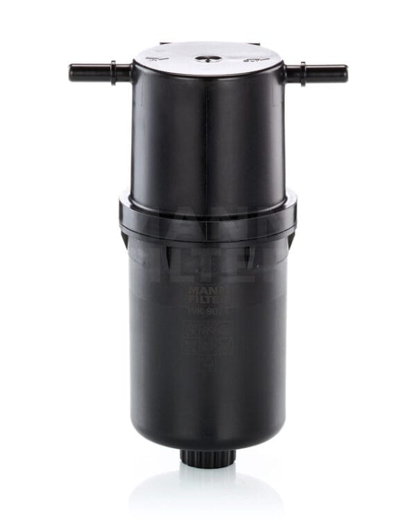 The MANN Fuel Filter WK9024 is a sleek black cylinder with two horizontal outlets on top and one threaded outlet at the bottom.