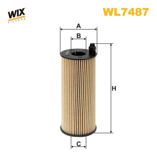 A cylindrical automotive filter with pleated walls. Dimensions labeled as A, B, C, and H. Branding: "WIX Filters" and model "WL7487" in the upper corners.