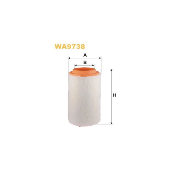 Illustration of an air filter labeled WA9738 with dimensions A, B, and H indicated.