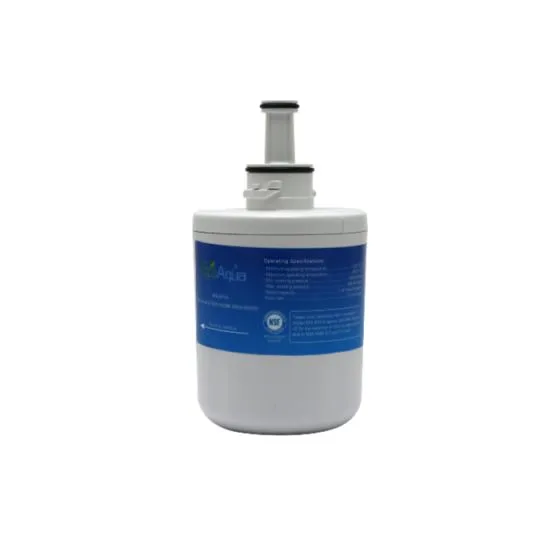 The EFF-6011A EcoAqua Fridge Filter in a white and blue cylindrical design with a gray nozzle suits Samsung models, offering pure water with style and functionality.