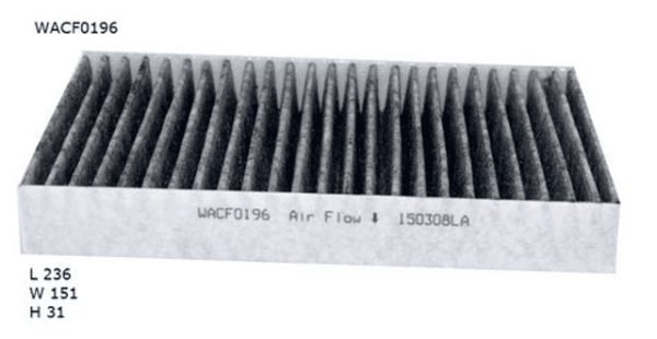 Rectangular air filter with pleated design, labeled WACF0196, showing dimensions L 236, W 151, H 31.