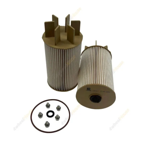 Two cylindrical oil filters with pleated paper, one standing and one lying down, alongside a round gasket and bolts on a white background.