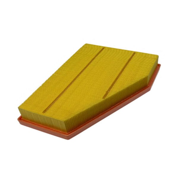 Yellow rectangular air filter with pleated paper and red base.