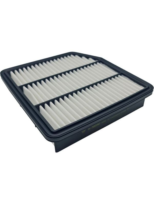 A rectangular, pleated air filter with a black frame, viewed from an angle.