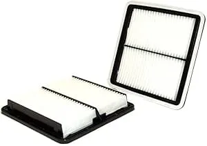 Square car air filters with white pleated surfaces and black frames, one is laying flat and the other upright.