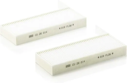 Two rectangular cabin air filters with white pleated surfaces, labeled with part numbers "CU 26 014" and arrows indicating airflow direction.
