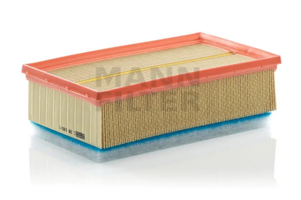 Rectangular air filter with a blue base and orange top frame, featuring pleated filtration material.