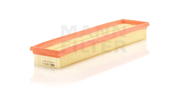Rectangular car air filter with a red rubber border and pleated paper interior.