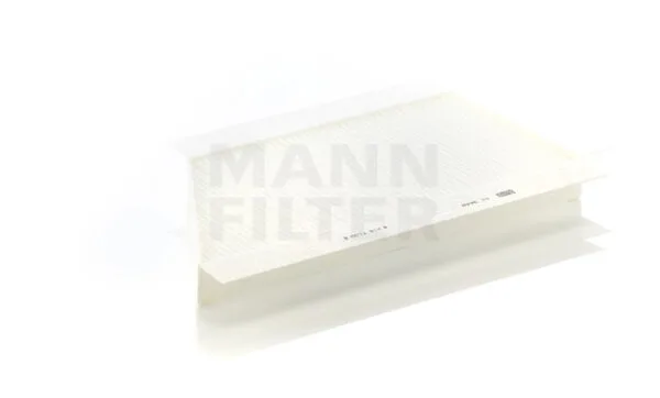 Rectangular white air filter labeled "Mann Filter" against a bright background.