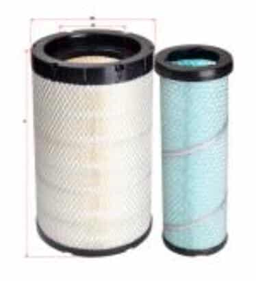 Two cylindrical air filters of different sizes, with one larger and white, and the other smaller and blue, standing side by side.