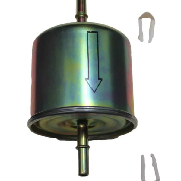 Metal cylindrical component with two protruding nozzles and a large black arrow pointing downward. Two small plastic clips are shown separately on the right.