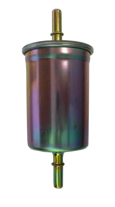 A metallic cylindrical fuel filter with a narrow tube at the top and bottom, designed for automotive use.