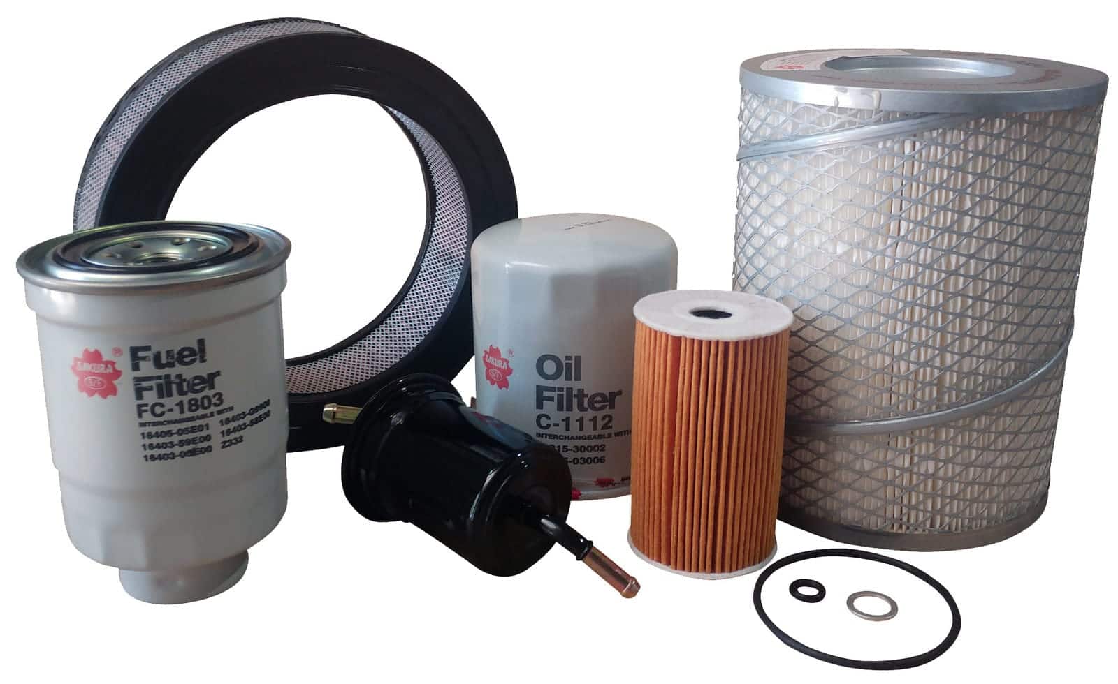 A collection of automotive filters and components, including fuel, oil, air filters, and rubber seals, arranged on a white background.
