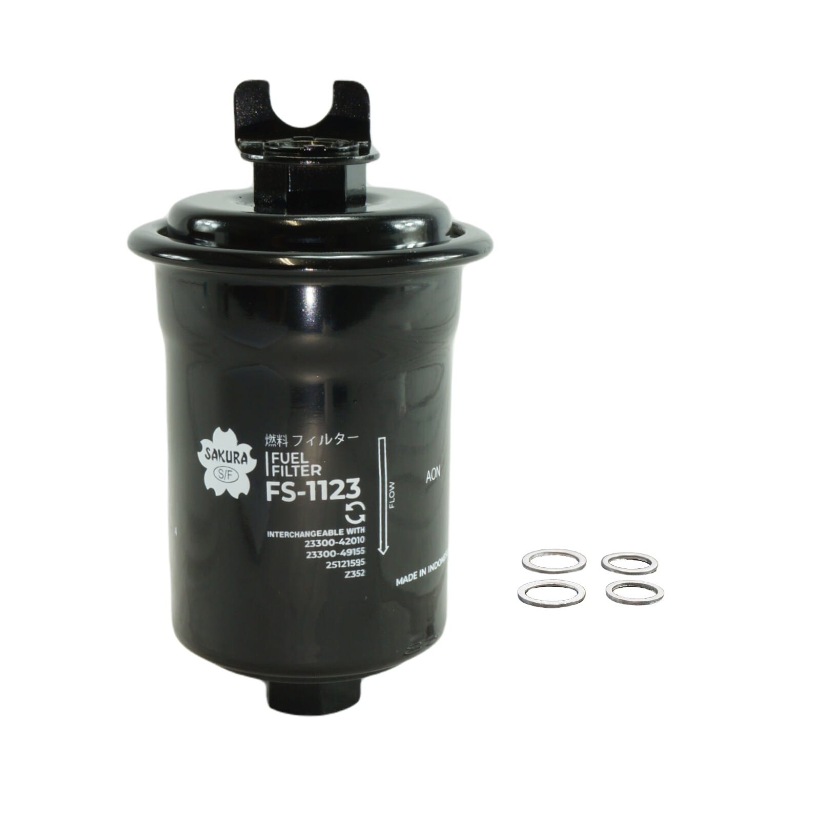 Black Sakura fuel filter model FS-1123 with three metal washers placed beside it against a white background.