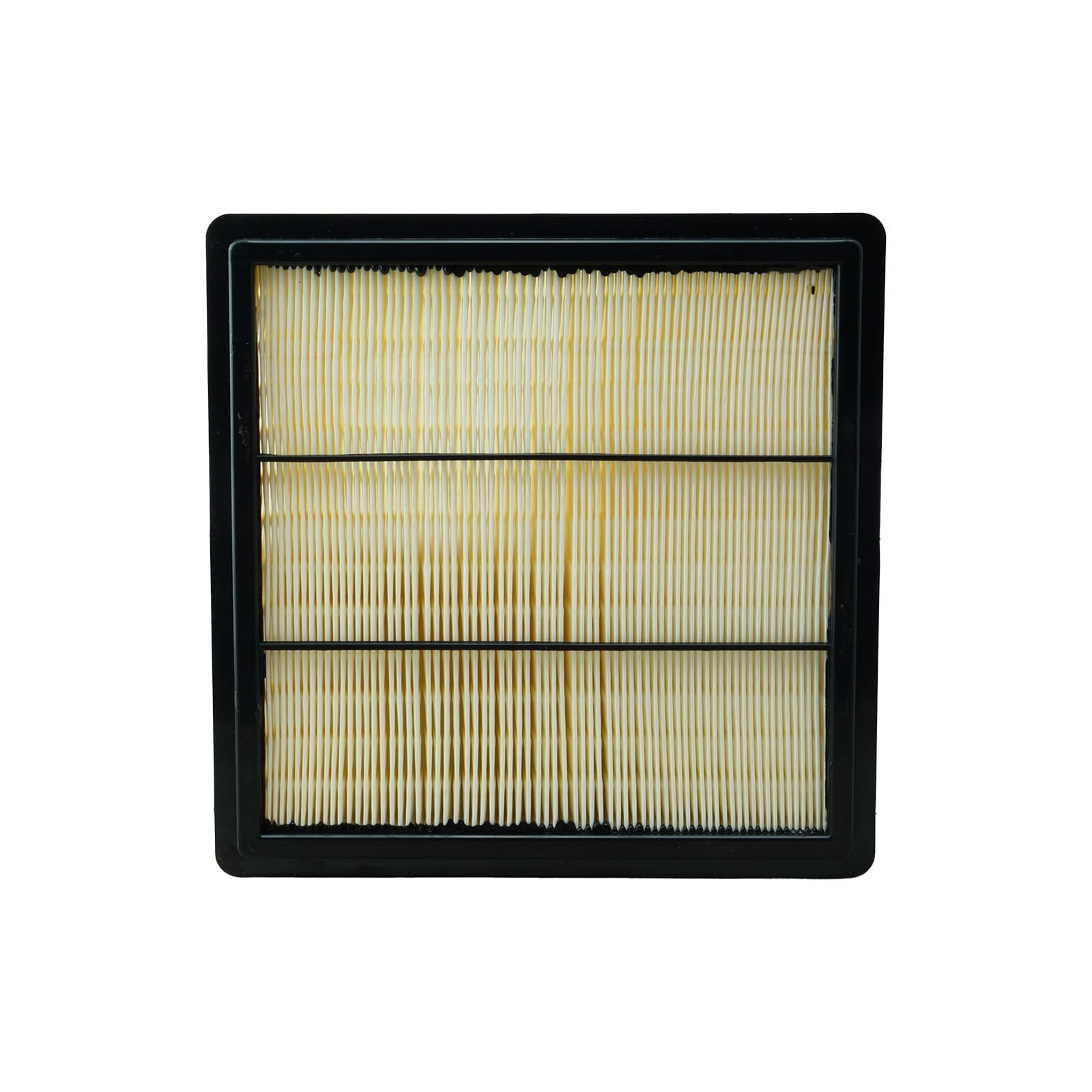 A square air filter with a black frame and beige pleated material inside.