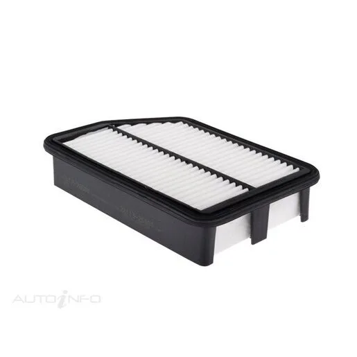 Rectangular automotive air filter with a black frame and pleated white paper, placed on a white background.