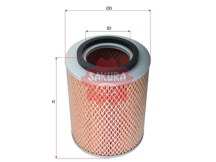 Cylindrical air filter with a metal mesh exterior, labeled dimensions: outer diameter (OD), inner diameter (ID), and height (H).