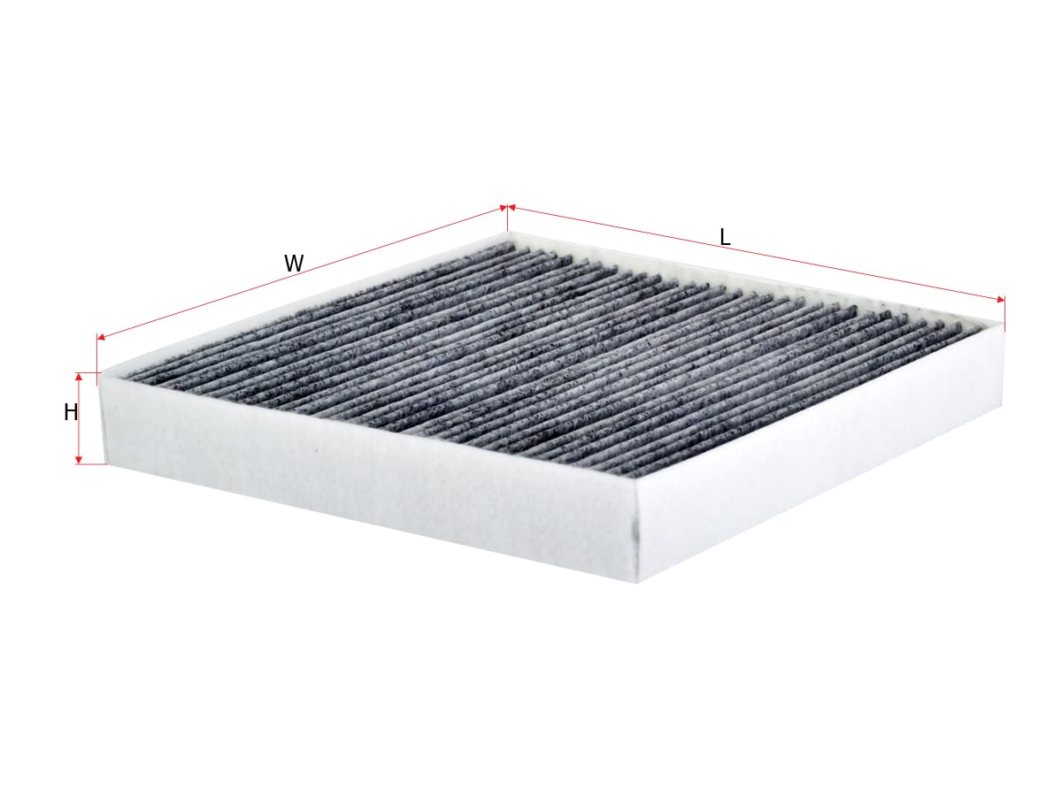 Rectangular air filter with pleated gray material inside a white frame. Red lines with arrows indicate dimensions labeled L (length), W (width), and H (height).