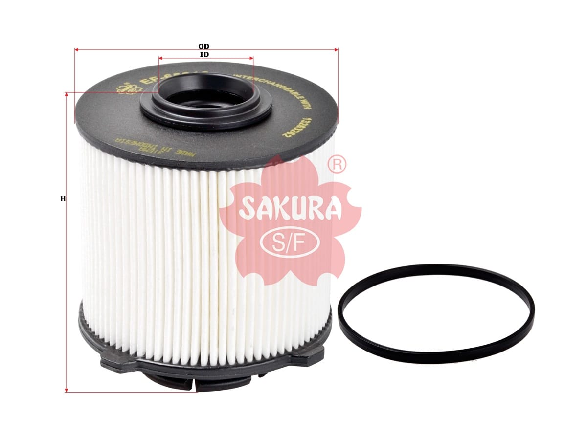 Car oil filter with a pleated design, black top, and measurement annotations. A black circular gasket is beside it.