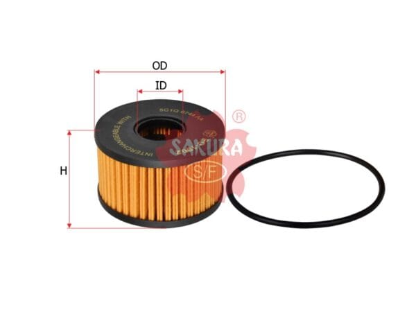 A cylindrical, orange oil filter element with a black ring next to it, labeled with dimensions for outer diameter (OD), inner diameter (ID), and height (H).