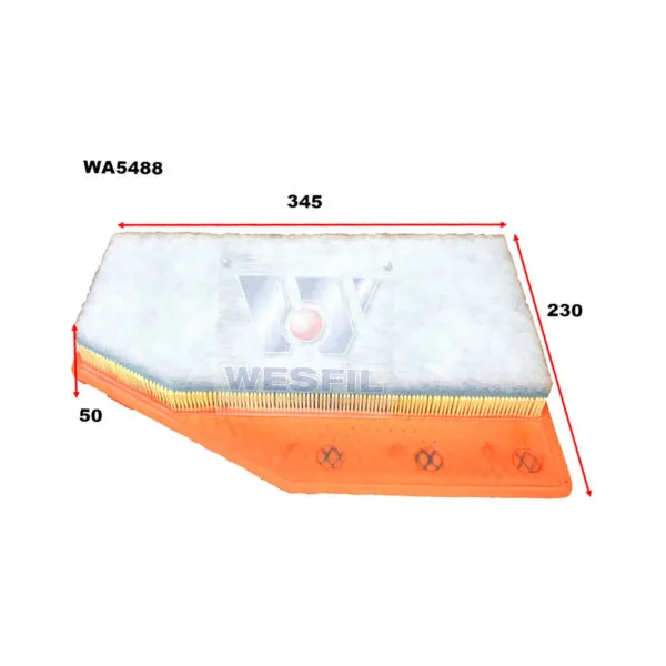 Rectangular air filter with dimensions labeled: 345mm length, 230mm width, 50mm height. Brand name "Wesfil" visible. Model number "WA5488" indicated.