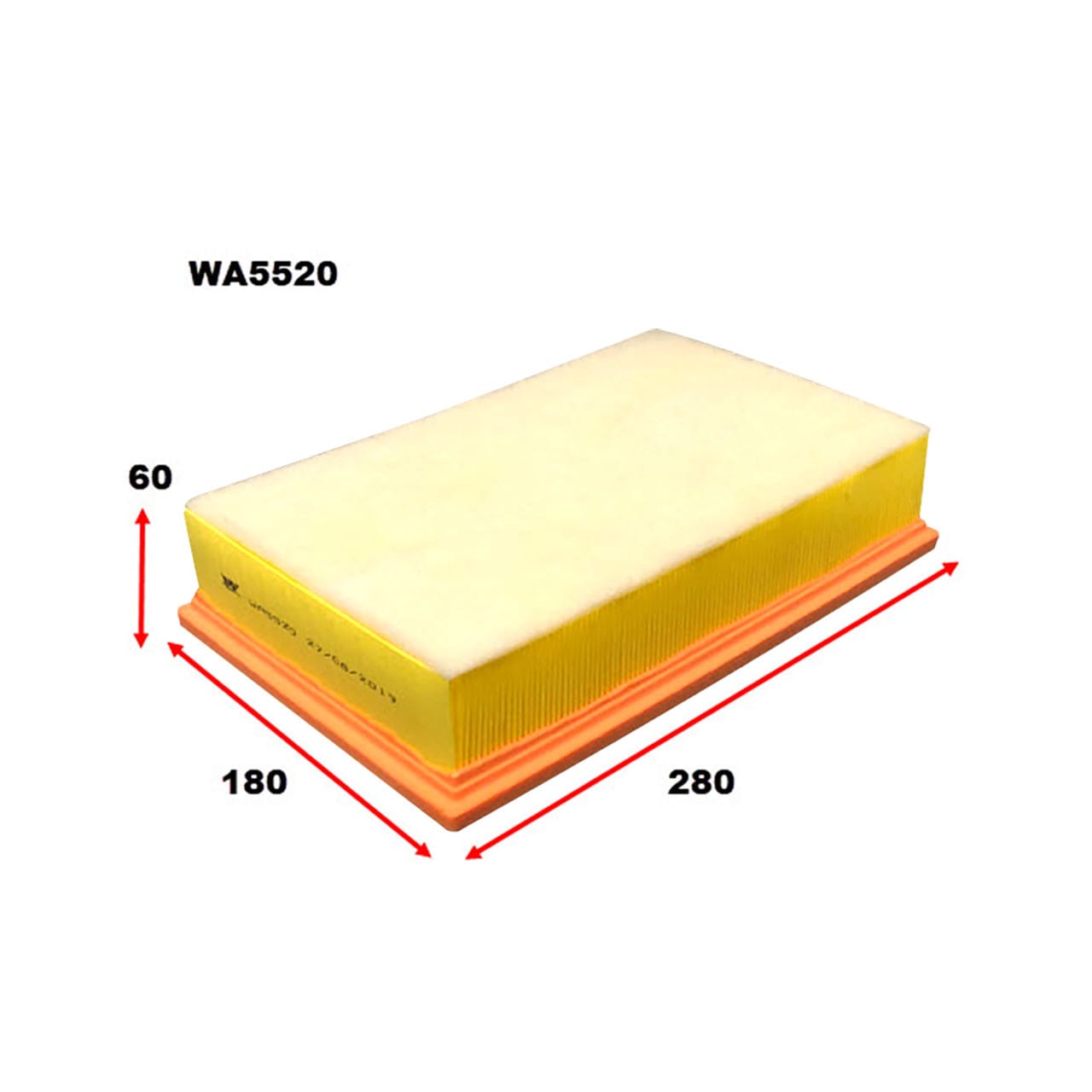 Rectangular air filter with dimensions labeled 180mm x 280mm x 60mm. Model number WA5520 shown.