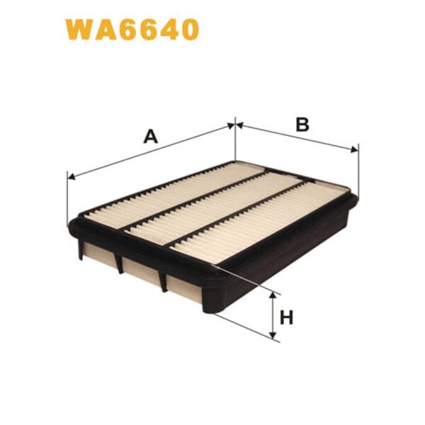 Rectangular air filter with labeled dimensions A, B, and H. Model number WA6640 is shown at the top.