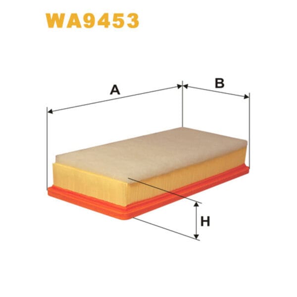 Diagram of a rectangular air filter labeled WA9453, showing dimensions A, B, and H with arrow indicators.
