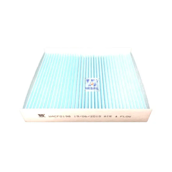 An air filter with a white frame and light blue pleated material, labeled "WESFIL" in the center.
